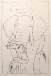 Size: 735x1088 | Tagged: safe, artist:thefriendlyelephant, oc, oc only, oc:nuk, oc:obi, antelope, elephant, gerenuk, animal in mlp form, big ears, comic, cute, duo, grayscale, hug, monochrome, sketch, traditional art, trunk, trunkhug, tusk, wip
