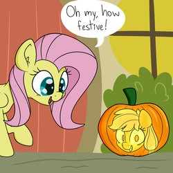 Size: 1280x1280 | Tagged: safe, artist:skitter, applejack, fluttershy, pony, g4, applejack-o-lantern, female, fluttershy's cottage, i have no mouth and i must scream, inanimate tf, jack-o-lantern, mare, painfully innocent fluttershy, pumpkin, pumpkinjack, pun, this will not end well, transformation, visual pun