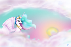 Size: 1750x1168 | Tagged: safe, artist:tttimon, princess celestia, g4, cloud, cloudy, female, sitting, sky, solo, sun