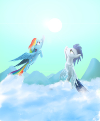 Size: 2500x3020 | Tagged: safe, artist:tttimon, rainbow dash, soarin', g4, cloud, cloudy, flying, high res, mountain, scenery, sky, sun