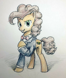 Size: 1836x2176 | Tagged: safe, artist:yo-yall, cheese sandwich, earth pony, pony, g4, bowtie, clothes, cute, diacheeses, grin, looking at you, male, raised eyebrow, solo, stallion, traditional art, tuxedo