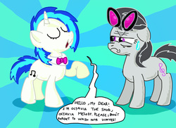 Size: 2338x1700 | Tagged: safe, artist:seriousdog, dj pon-3, octavia melody, vinyl scratch, g4, accessory swap, mocking, quizzaciously