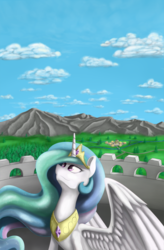 Size: 805x1225 | Tagged: safe, artist:endrome, princess celestia, g4, canterlot, cloud, cloudy, female, mountain, sky, solo