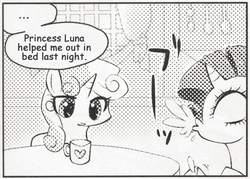 Size: 545x390 | Tagged: safe, princess luna, rarity, sweetie belle, pony, unicorn, g4, ..., dream walker luna, exploitable meme, female, filly, innocent innuendo, many many pony, mare, meme, mug, out of context, spit take