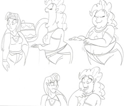 Size: 2985x2541 | Tagged: safe, artist:catstuxedo, pinkie pie, twilight sparkle, human, g4, swarm of the century, cake, eating, fat, high res, horn, horned humanization, humanized, monochrome, pudgy pie, scene interpretation, tongue out