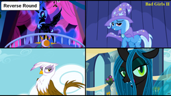 Size: 1282x720 | Tagged: safe, gilda, nightmare moon, queen chrysalis, trixie, alicorn, changeling, changeling queen, griffon, pony, unicorn, comic:celestia's servant interview, g4, caption, cs captions, female, interview, mare