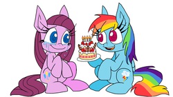 Size: 1136x640 | Tagged: safe, artist:vdru7, pinkie pie, rainbow dash, g4, cake, comforting, pinkamena diane pie, pixiv