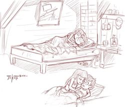 Size: 1072x918 | Tagged: safe, artist:tokatl, twilight sparkle, equestria girls, g4, age difference, bed, boyfriend and girlfriend, crossover, crossover shipping, diplight, dipper pines, female, gravity falls, having a moment, male, monochrome, shipping, sketch, straight, straight shota