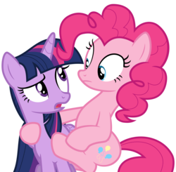 Size: 7662x7523 | Tagged: safe, artist:decprincess, pinkie pie, twilight sparkle, alicorn, pony, g4, .svg available, absurd resolution, eye contact, female, holding, mare, simple background, transparent background, twilight sparkle (alicorn), vector