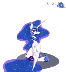 Size: 1292x1399 | Tagged: dead source, safe, artist:spaerk, king sombra, nightmare moon, princess celestia, princess luna, alicorn, pony, g4, accessory swap, alternate hairstyle, cosplay, looking at you, mane swap, mlpgdraws, simple background, sitting, smiling, spread wings, transparent background, unamused