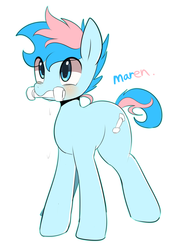 Size: 1687x2287 | Tagged: safe, artist:maren, oc, oc only, oc:blue chewings, earth pony, pony, behaving like a dog, bone, chew toy, mouth hold, multicolored hair, solo