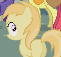 Size: 372x348 | Tagged: safe, screencap, big macintosh, carrot top, golden harvest, noi, rarity, earth pony, pony, g4, background pony, butt, cropped, crowd, female, female focus, filly, foal, looking at you, male, plot, solo focus, stallion, wide eyes