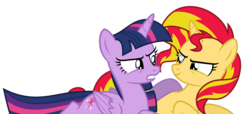 Size: 15408x7019 | Tagged: safe, artist:decprincess, sunset shimmer, twilight sparkle, alicorn, pony, unicorn, equestria girls, g4, .svg available, absurd resolution, angry, holding, prone, simple background, smirk, transparent background, twilight sparkle (alicorn), vector