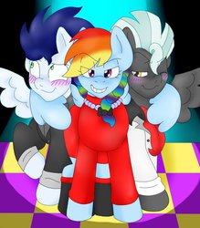 Size: 837x954 | Tagged: safe, artist:blackbewhite2k7, rainbow dash, soarin', thunderlane, pegasus, pony, g4, blushing, clothes, female, hug, male, mare, rainbow dash gets all the stallions, ship:soarindash, shipping, stallion, straight, thunderdash, winghug