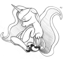 Size: 2256x2049 | Tagged: safe, artist:uminanimu, princess luna, lunadoodle, g4, eyes closed, female, floppy ears, grayscale, high res, monochrome, on side, sleeping, solo, traditional art