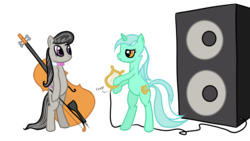 Size: 1600x900 | Tagged: artist needed, safe, lyra heartstrings, octavia melody, pony, g4, bipedal, musical instrument