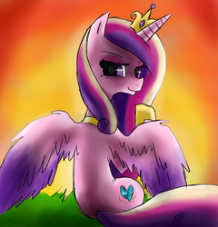 Size: 2500x2600 | Tagged: safe, artist:rayadra, princess cadance, pony, g4, female, high res, looking back, sitting, smiling, solo, spread wings