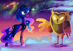 Size: 1439x994 | Tagged: dead source, safe, artist:matrosha123, princess luna, g4, adventure time, cosmic owl, crossover, male