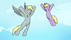 Size: 1920x1080 | Tagged: safe, artist:shinmera, derpy hooves, dinky hooves, pegasus, pony, unicorn, g4, female, hooves up, mare