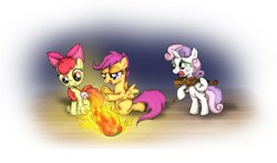 Size: 1600x942 | Tagged: safe, artist:dcpip, apple bloom, scootaloo, sweetie belle, earth pony, pegasus, pony, unicorn, g4, cutie mark crusaders, female, filly, fire, guitar, marshmallow, musical instrument, violin