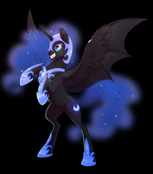 Size: 2515x2861 | Tagged: safe, artist:trippinmars, nightmare moon, alicorn, pony, g4, black background, fangs, female, grin, high res, mare, rearing, simple background, solo, spread wings, wing claws