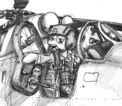 Size: 1128x982 | Tagged: safe, artist:buckweiser, ms. harshwhinny, g4, clothes, flight helmet, flight suit, helicopter, helicopter pilot, helmet, mi-24, sketch, traditional art