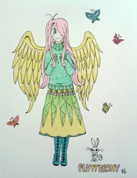 Size: 1885x2446 | Tagged: safe, artist:margarethcat, angel bunny, fluttershy, human, g4, clothes, female, humanized, solo, sweater, sweatershy, traditional art, winged humanization