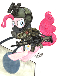 Size: 1376x1808 | Tagged: safe, artist:buckweiser, pinkie pie, g4, ar-15, balaclava, camouflage, clothes, eotech, gun, helmet, m4, magpul, military, night vision goggles, rappelling, rifle, sling, soldier, special forces, uniform, vest, weapon