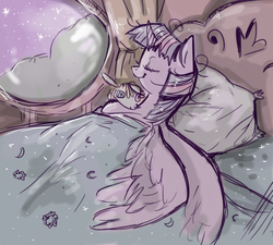 Size: 1000x900 | Tagged: safe, artist:staticdragon1, smarty pants, twilight sparkle, alicorn, pony, g4, bed, female, golden oaks library, mare, night, pillow, sleeping, smiling, solo, spread wings, stars, twilight sparkle (alicorn), window