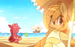Size: 1680x1050 | Tagged: safe, artist:php56, oc, oc only, pony, shark, airship, banana, bandaid, beach, belly button, bikini, bipedal, boat, chibi, clothes, cloud, cloudy, cute, eyes closed, inner tube, sky, smiling, strawberry, swimsuit, umbrella, water