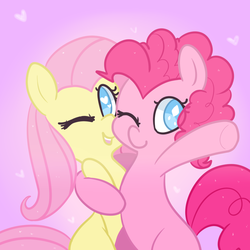 Size: 900x900 | Tagged: safe, artist:pegacornss, fluttershy, pinkie pie, g4, heart, heart eyes, hug, one eye closed, wingding eyes, wink