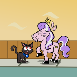 Size: 1635x1635 | Tagged: safe, artist:magerblutooth, diamond tiara, oc, oc:dazzle, cat, g4, butch hartman, fence, nickelodeon, sidewalk, style emulation, the fairly oddparents