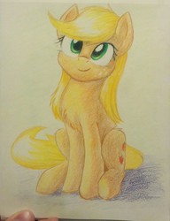 Size: 1789x2333 | Tagged: safe, artist:sokolas, applejack, g4, chest fluff, cute, female, fluffy, jackabetes, photo, sitting, smiling, solo, traditional art