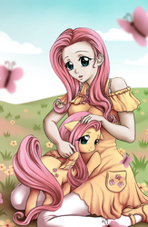 Size: 1479x2264 | Tagged: safe, artist:somedaysakuhin, fluttershy, human, pony, g4, clothes, cute, female, human coloration, human ponidox, humanized, looking at you, mare, open mouth, self ponidox, shoes, shyabetes, smiling