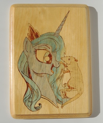 Size: 2851x3399 | Tagged: safe, artist:andy price, artist:rekibob, princess luna, tiberius, g4, boop, craft, high res, pyrography, traditional art, woodwork