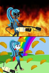 Size: 720x1073 | Tagged: safe, artist:thesontendo, sonata dusk, equestria girls, g4, crossover, fire, flamethrower, meet the pyro, parody, pyro (tf2), rainbow, sonataco, taco, team fortress 2, that girl sure loves tacos, that siren sure does love tacos, weapon