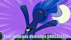 Size: 1023x576 | Tagged: safe, princess luna, g4, blue text, female, image macro, imma snuggle you, meme, snuggling, solo