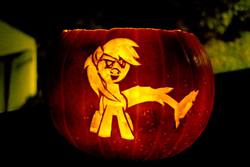 Size: 960x640 | Tagged: safe, artist:salamandra, oc, oc only, oc:hatii, original species, shark pony, jack-o-lantern, pumpkin