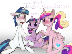 Size: 1024x768 | Tagged: safe, artist:rflzqt, princess cadance, shining armor, twilight sparkle, g4, blushing, cute, embarrassed, female, filly, filly twilight sparkle, floppy ears, male, now kiss, open mouth, ship:shiningcadance, shipper on deck, shipping, sitting, smiling, straight, twilight the shipper, younger