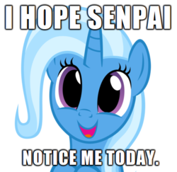 Size: 418x406 | Tagged: safe, artist:navitaserussirus, trixie, pony, unicorn, g4, cute, diatrixes, female, happy, image macro, mare, meme, open mouth, senpai, simple background, smiling, solo, transparent background