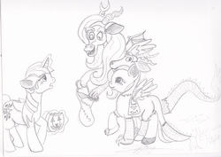 Size: 3504x2476 | Tagged: safe, discord, fluttershy, twilight sparkle, alicorn, pony, g4, blushing, candy, clothes, cosplay, costume, female, glowing horn, grayscale, halloween, high res, horn, magic, mare, monochrome, nightmare night, pumpkin bucket, telekinesis, trick or treat, twilight sparkle (alicorn)