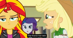 Size: 1600x829 | Tagged: safe, screencap, applejack, rarity, sunset shimmer, equestria girls, g4, my little pony equestria girls: rainbow rocks, discovery family, discovery family logo, meme, youtube caption