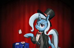 Size: 1004x654 | Tagged: safe, artist:paper-pony, trixie, pony, unicorn, g4, card, card trick, clothes, female, hat, magic trick, magician, mare, raised hoof, solo, stage, string, top hat, tuxedo, wand