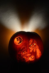 Size: 730x1095 | Tagged: safe, artist:taps, dj pon-3, octavia melody, vinyl scratch, g4, halloween, jack-o-lantern, moon, nightmare night, pumpkin