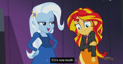 Size: 1600x829 | Tagged: safe, screencap, sunset shimmer, trixie, equestria girls, g4, my little pony equestria girls: rainbow rocks, booth, discovery family, discovery family logo, hilarious in hindsight, meme, youtube caption