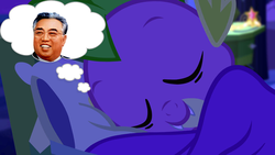 Size: 800x450 | Tagged: safe, edit, screencap, spike, g4, my little pony equestria girls, blanket, dream, eyes closed, kim il-sung, north korea, pillow, sleeping, solo, thought bubble