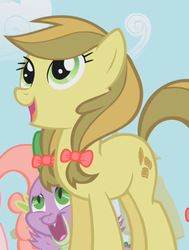 Size: 543x719 | Tagged: safe, screencap, apple strudely, pink lady, spike, earth pony, pony, friendship is magic, g4, apple family member, background pony, bow, cropped, female, hair bow, mare, open mouth, solo focus