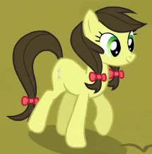 Size: 215x218 | Tagged: safe, screencap, chocolate banana, earth pony, pony, g4, trade ya!, apple family member, background pony, bow, cropped, female, hair bow, mare, raised hoof, recolor, smiling, solo, tail bow, wrong cutie mark