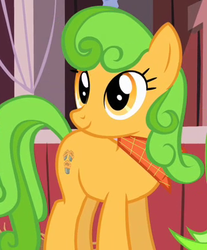 Size: 338x408 | Tagged: safe, screencap, perfect pie, earth pony, pony, g4, the last roundup, apple family member, background pony, bandana, cropped, female, mare, smiling, solo