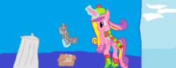 Size: 1018x395 | Tagged: safe, artist:awsome pony mlp, princess cadance, oc, oc:double stitch, g4, abandoned, back alley, boots, box, clothes, haeths warming, hat, magic, scarf